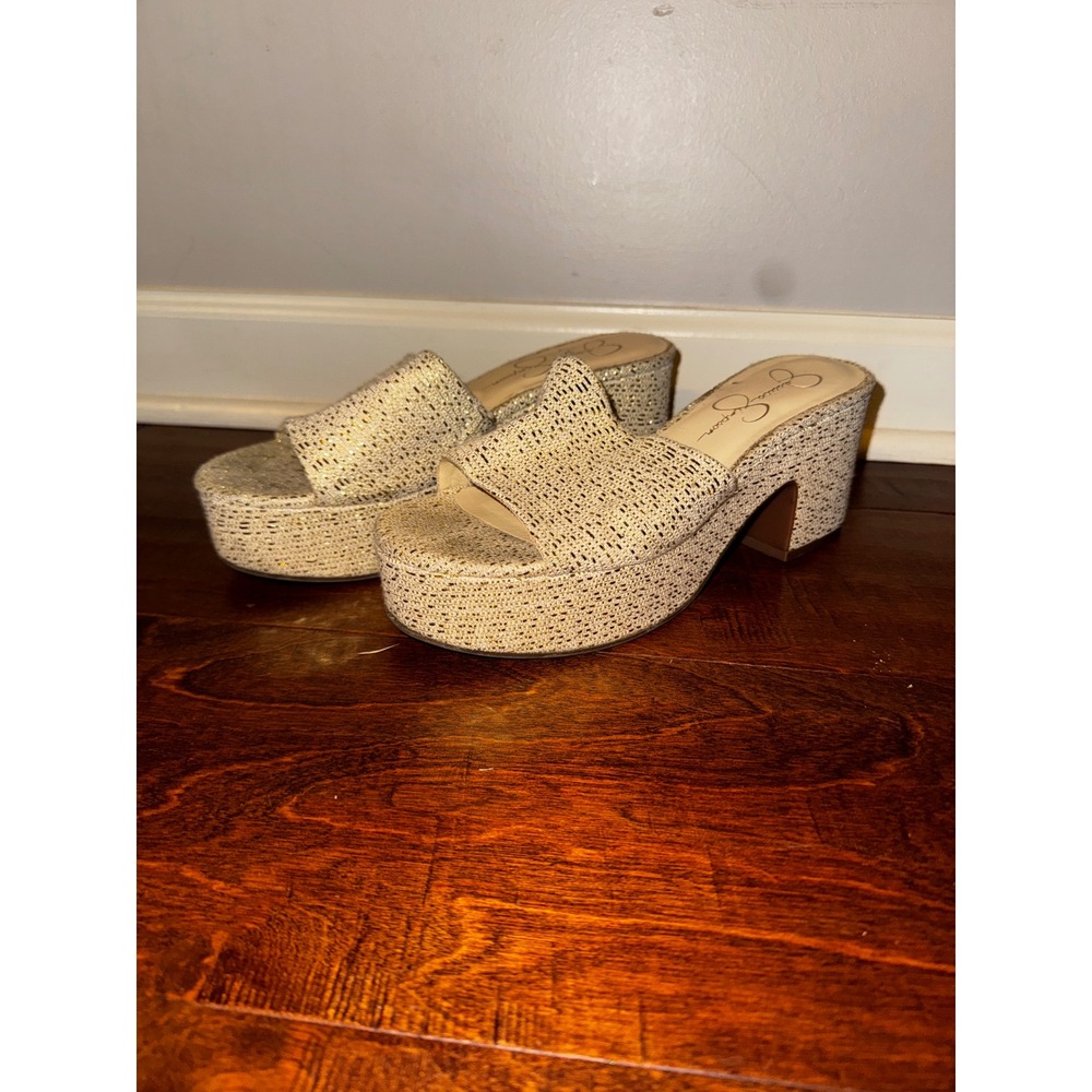 Jessica Simpson Women Gold Woven Platform Slide Sandals Block Heel Mules Size 7M
